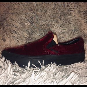 Red crushed velvet slip on vans